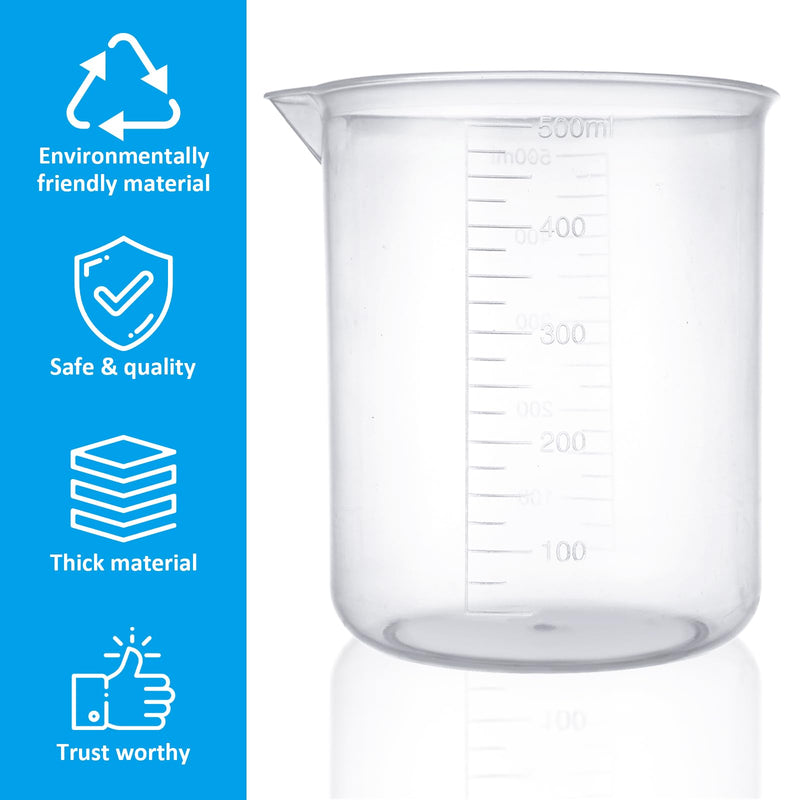 18 Pack Plastic Beakers 500 ml Graduations Premium Polypropylene Plastic Graduated Measuring Cups for Science Lab Equipment, Home Experiment, School Teaching Supplies Transparent