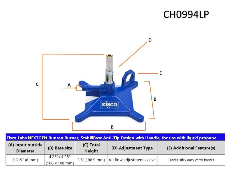 EISCO Liquid Propane Micro Bunsen Burner, StabiliBase Anti-Tip Design with Handle, with Flame Stabilizer, LP