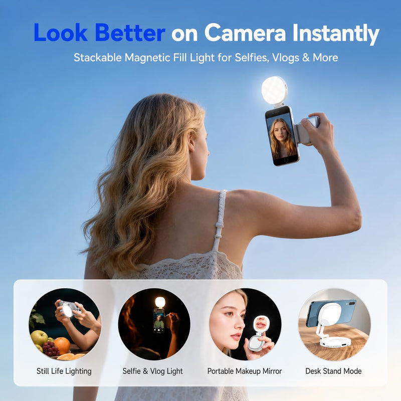 Magnetic Phone Camera Grip Creator Kit with Selfie Light & Wireless Shutter | Creator kit for steadier selfies, videos, TikToks, Zoom calls, and product shots with adjustable light and remote shutter. White