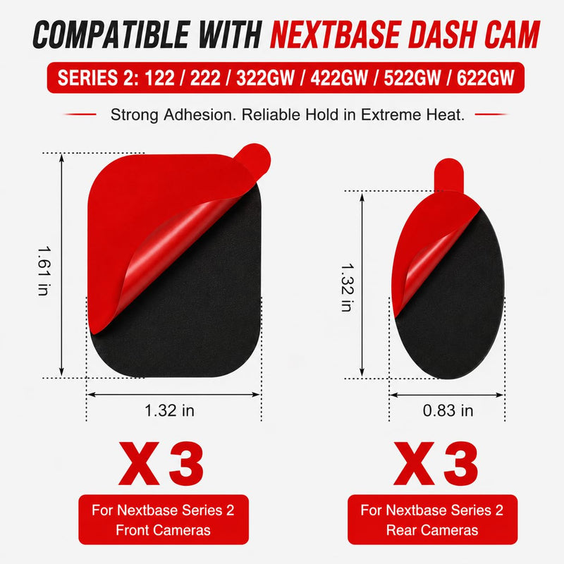 Compatible with Nextbase Series 2 Dash Cams – 122, 222, 322GW, 422GW, 522GW, 622GW, 6-Pack Adhesive Pads(3 Front + 3 Rear) + 6 Static Stickers, Front & Rear Mount Set, Black High-Bond Adhesive