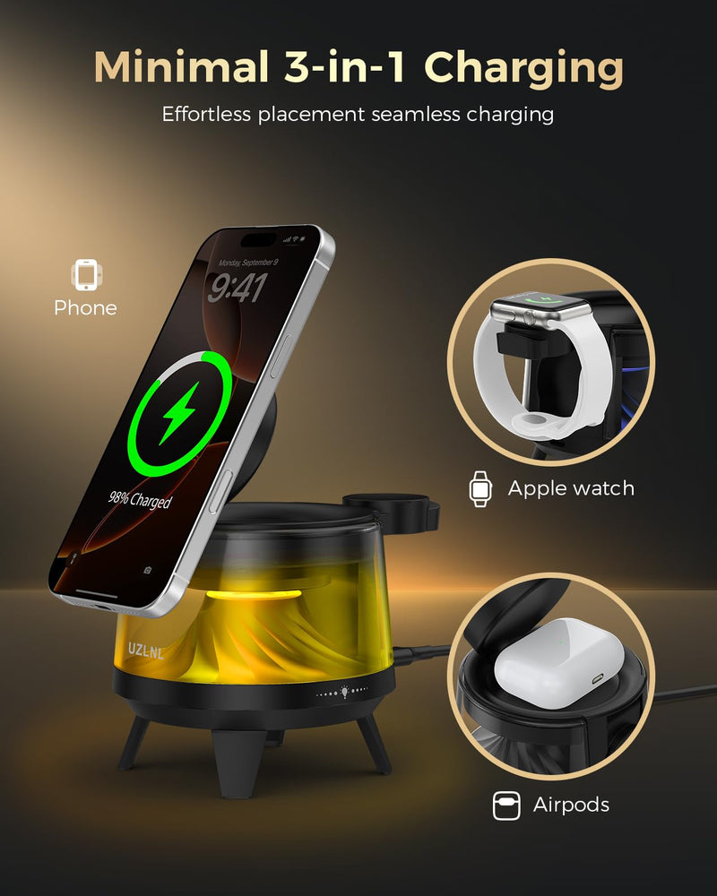 3 in 1 Wireless Charging Station for Apple Devices,Mag-Safe Charger Stand,Magnetic Wireless Charger Station,RGB Ambient Light,for iPhone 17 Pro Max 16 15 14 13 12,AirPods & Apple Watch Series