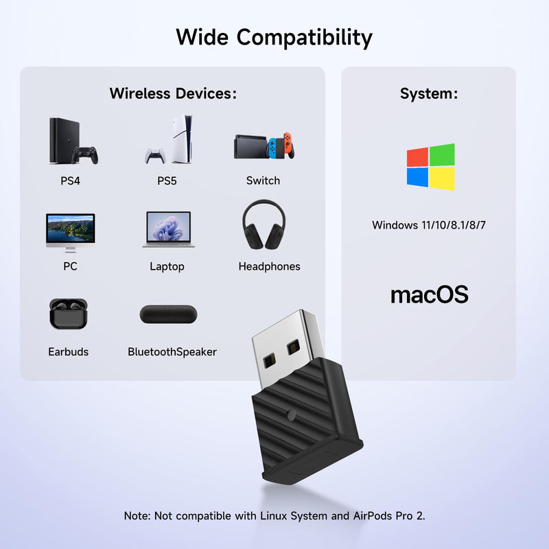 USB Bluetooth Adapter for PS5 - USB-C Wireless Audio Bluetooth 5.3 Transmitter with APTX Low Latency & aptX-Adaptive, Plug & Play for Headphone/Earbuds/PS4/Switch/Laptop/PC Black
