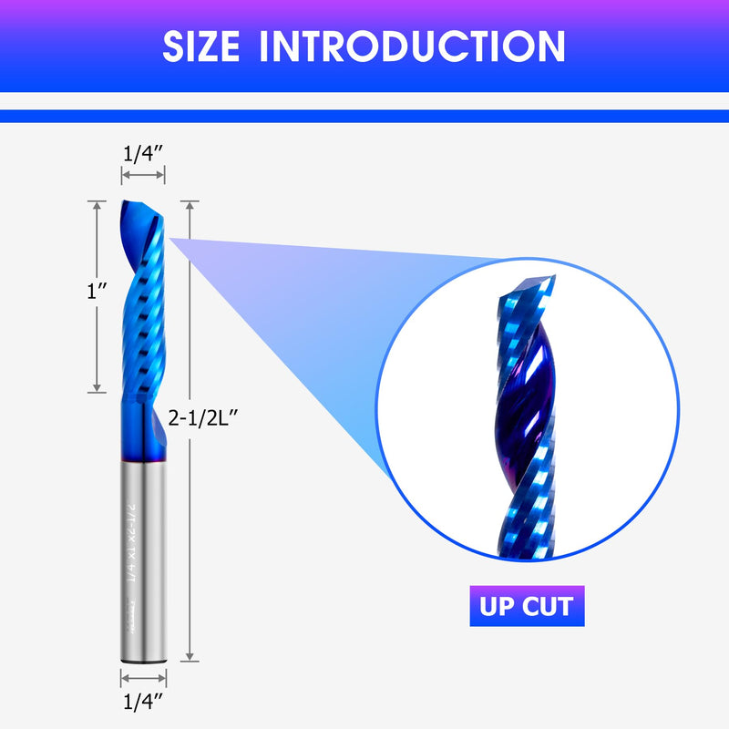O Flute Upcut Spiral Rouer Bit,Carbide Single Flute End Mill 1/4"Shank,1" CL. 2-1/2"OVL Coated CNC Router Bit for Acrylic Aluminum Wood Cut Plastic PVC MDF (5, 1/8"D-3/4"CL-1/4"SHK*2-1/2L) 5