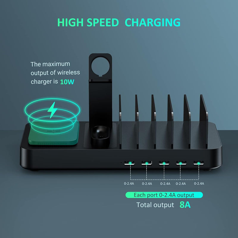  [AUSTRALIA] - 8 in 1 Wireless Charger Station for Multiple Devices, Charging Dock with AirPods iWatch Charger Stand, 10W Wireless Charger and 9 Short Mixed Cables for iPhone/iPad/Android/Tablets-Pitch Black
