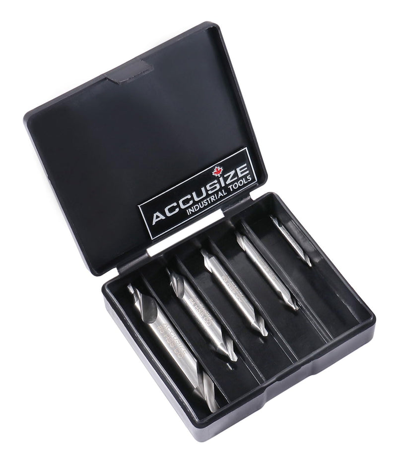 Accusize Industrial Tools 5pc ANSI M42 (H.S.S. + 8% Cobalt) Center Drill Set, 0556-5500 | ANSI M42 (HSS + 8% Cobalt), Plain Style, 60° Included Angle, Right Hand, Single Fluted, Plastic Case M42 8% Cobalt