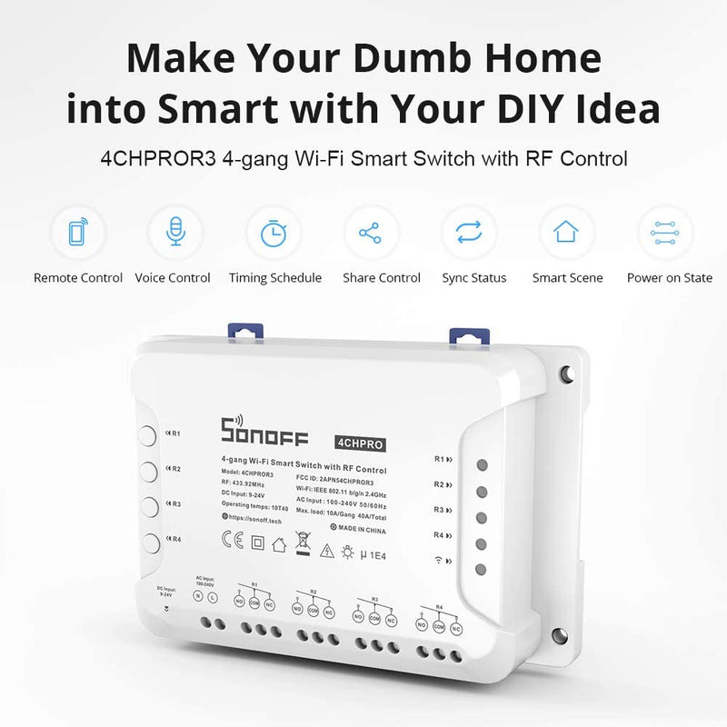 Sonoff 4CH Pro R3 Wi-Fi Smart Switch 4-Gang Din Rail Mounting Home Automation,Self-Locking/Interlock Control Home Appliances, RF/APP/Voice/LAN Control, Compatible with Alexa