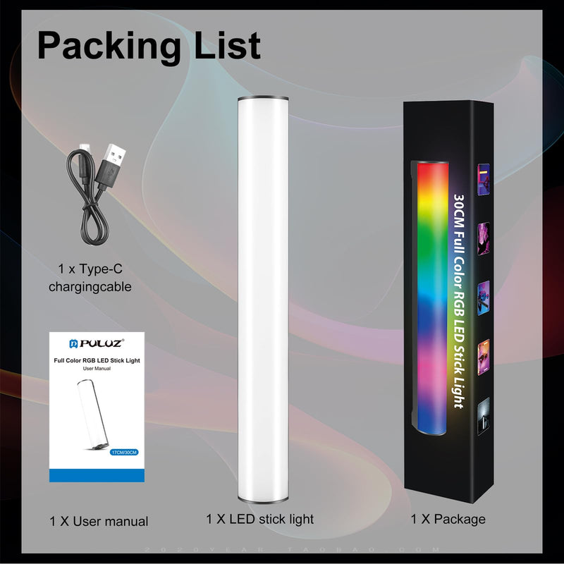 PULUZ 11.8" RGB Full Color Photography Light Stick, Holdable Magnetic LED Stick Fill Lights with 1/4 inch Screw Holes, Rechargeable Tube Light with 20 Lighting Effects for Photography Lighting 30cm/11.8"