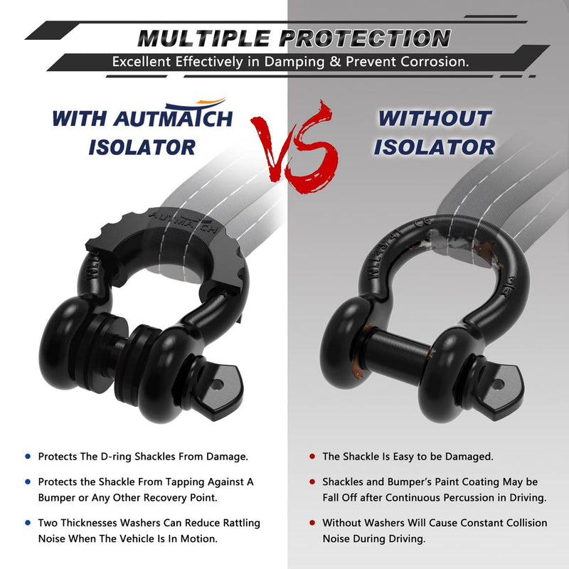 AUTMATCH D Ring Shackle Isolators Washers Kit - 2 Rubber Shackle Isolators with 8 Washers, Fits 3/4 Shackles Protect and Prevents Rattling - Shackle Cover Black 3/4 Shackle Isolator & Washer