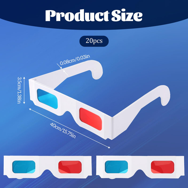 20 PCS 3D Paper Glasses Red and Blue Lens Anaglyph Cardboard | for Movies and TV, in White Frame, for Movies, Folded in Protective Sleeve, Lightweight & Foldable, Home 3D Viewing