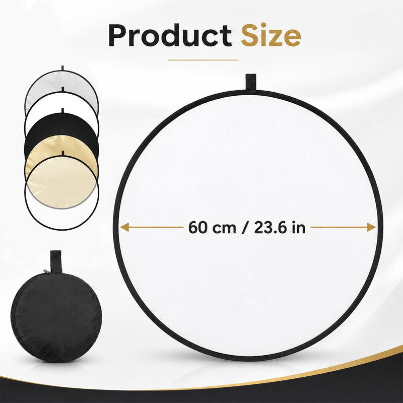 24Inch/60CM 5 in 1 Light Reflector with Bag | Portable Light Diffuser Photography Reflector for Studio Outdoor Photography Translucent, Silver, Gold, White, Black