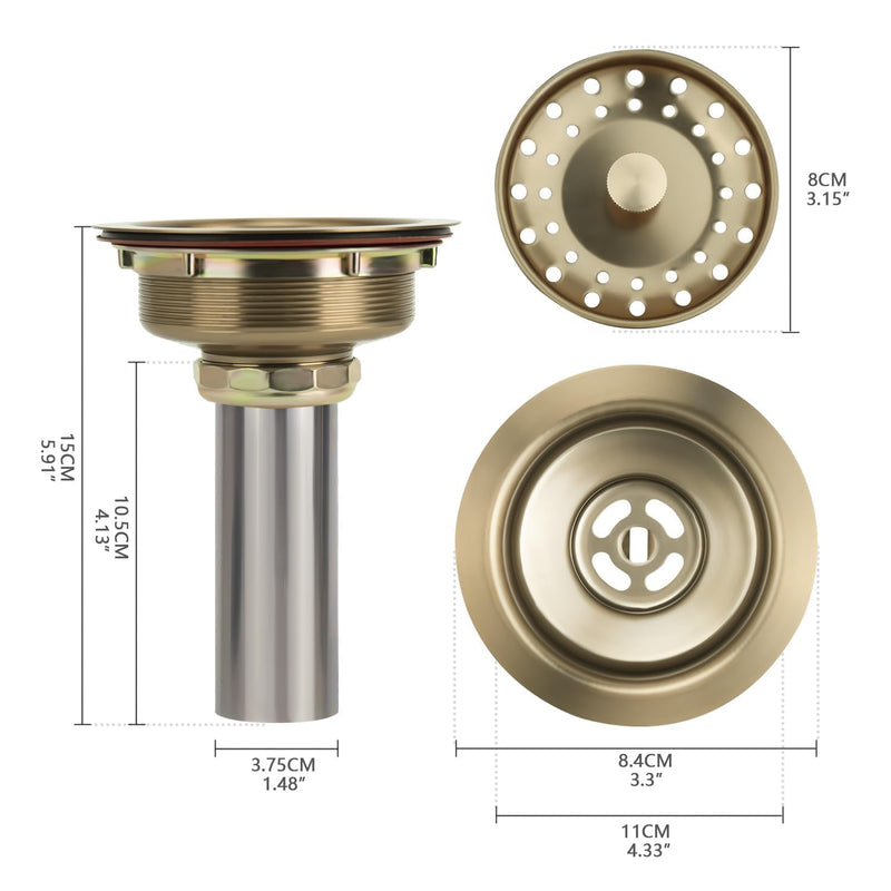 Uni-Green Champagne Bronze Kitchen Sink Drain for Standard 3-1/2 inch Drain - Fit 1-1/2 inch Pipe - Kitchen Sink Drain Strainer Stainless Steel Basket with Knob - Rubber Stopper Bottom