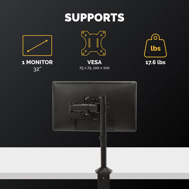 Fellowes Reflex Series Adjustable Monitor Arm for Desk, Supports 32-Inch Monitors, Ergonomic Single Monitor Stand with VESA Mount, Easy Setup with Grommet or Clamp, 8502501-Black