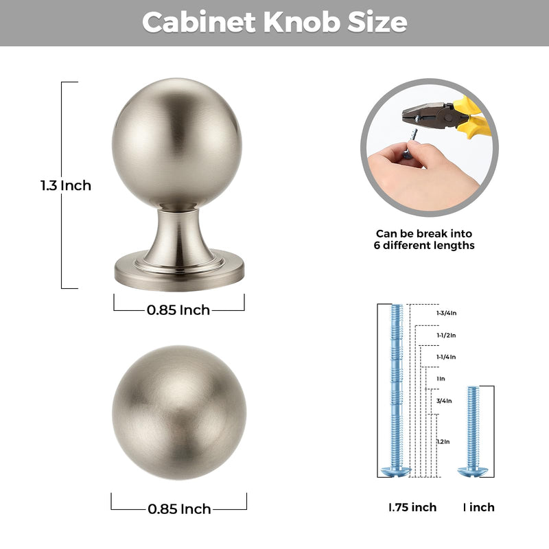 12 Pack Brushed Nickel Cabinet Knobs, Round Ball Knobs for Kitchen Cabinets, Drawers, 0.85 Inch 12