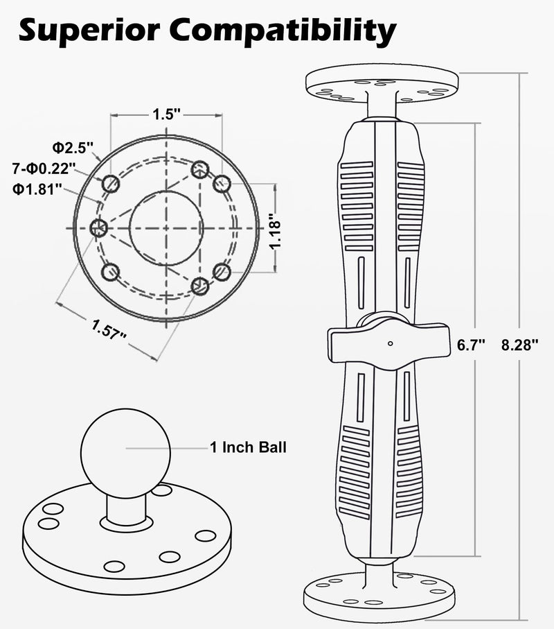 1" Double Ball Mount with Two AMPS Round Plates, Long(17cm/6.7'') Aluminum Arm with 1 inch / 25mm / B Size Ball Adapters, Compatible with RAM, Arkon, iBolt and More