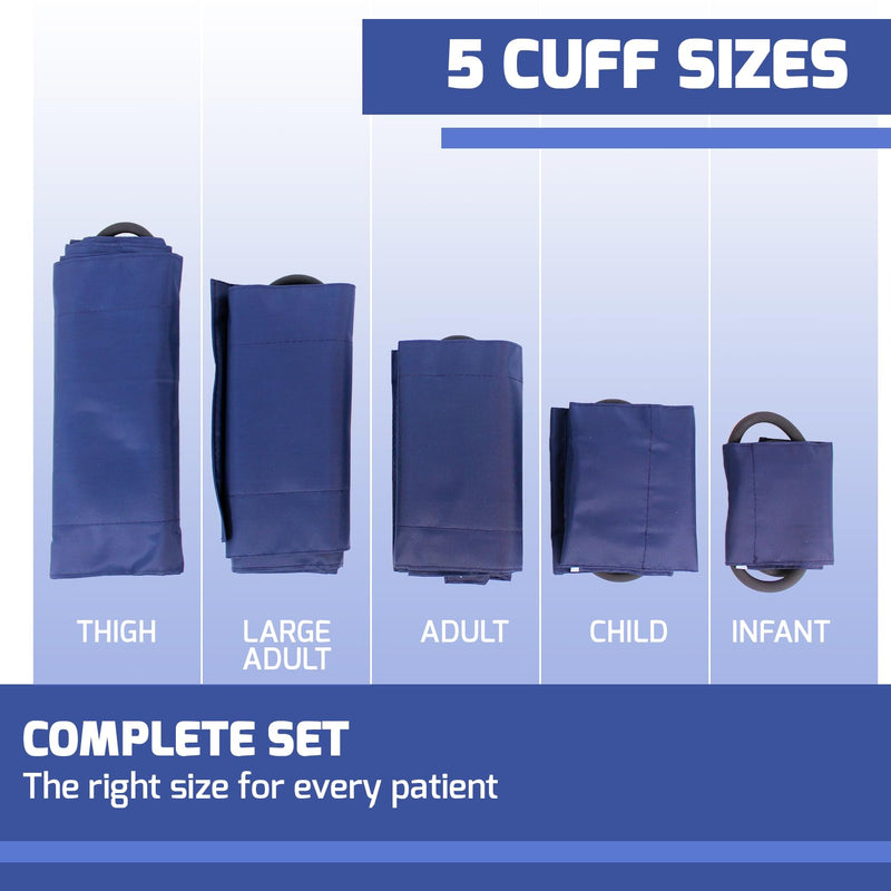 Dixie EMS Aneroid Sphygmomanometer Kit, Manual Blood Pressure Monitor Set with 5 Cuffs for Infant, Child, Adult, Large Adult, Thigh, & Carrying Case – Blue Navy Blue