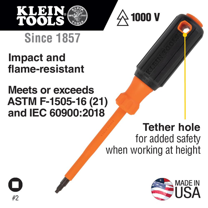 Klein Tools 6844INS Insulated Screwdriver, Made in USA, 1000V #2 Square Tip Screwdriver with 4-Inch Shank, Tip-Ident, Cushion-Grip Handle # 2 Square