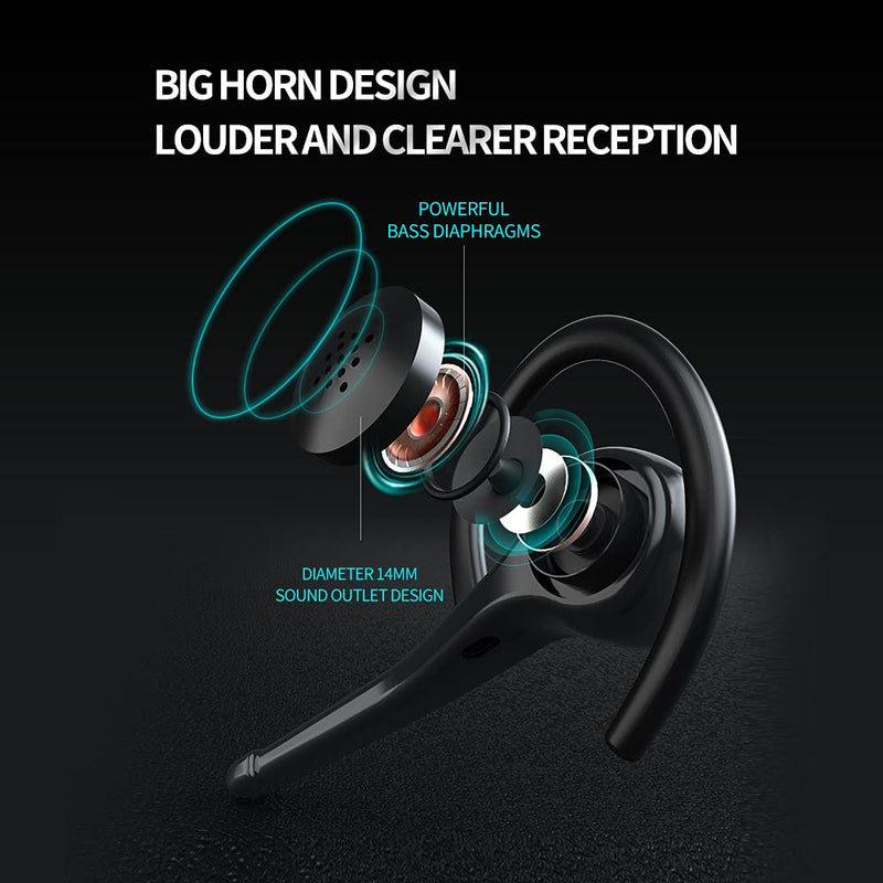 AYI Wireless Bluetooth Earpiece Headphone Dual Noise Cancelling Mic Painless Open-Ear Handsfree Headset Stereo Sound Left/Right Changeable Earhook Earphones for Driving/Business/Gym SM908 SINGLE EAR Black