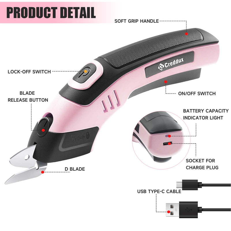 4V Cordless Electric Scissors Cardboard Cutter with Rechargeable Powerful Shears Cutting Tool for Fabric,Easy Carry and Fast Charging,Pink Pink