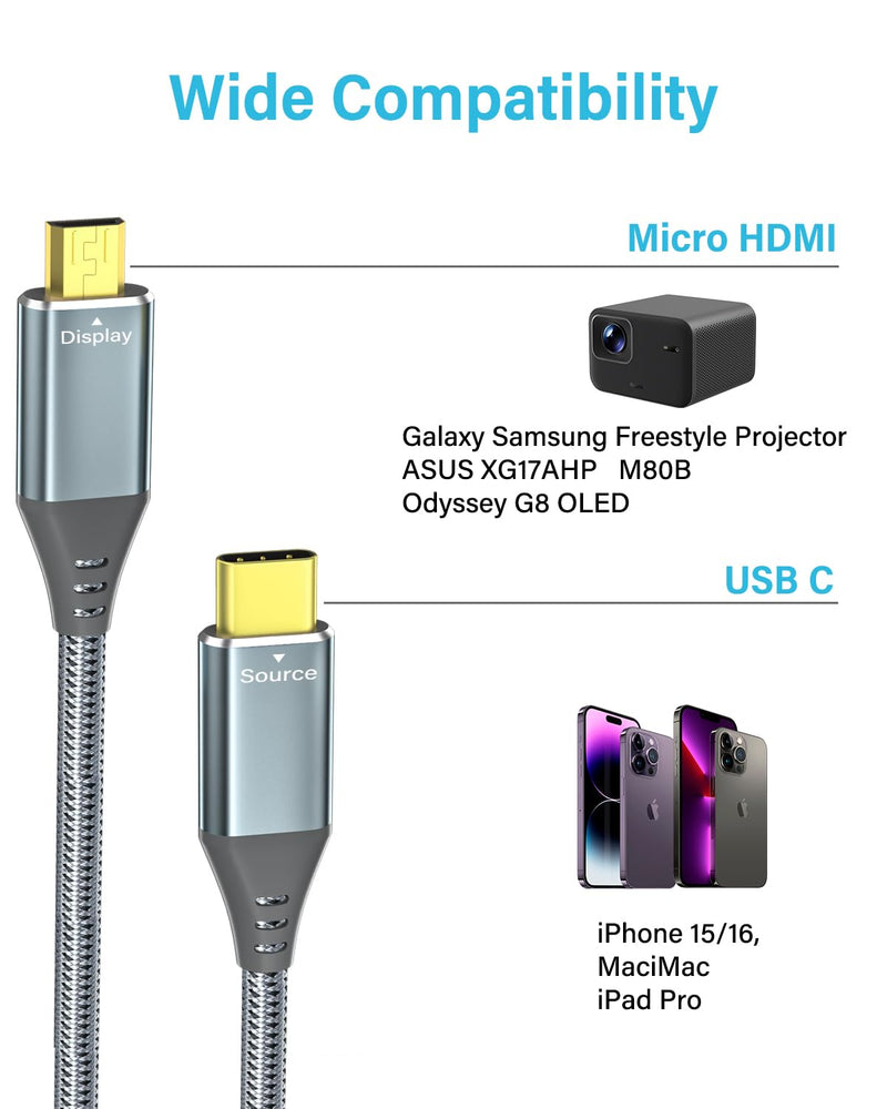 USB C to Micro HDMI Cable 6ft, 4K 60Hz 18Gbps Braided Aluminum for USB C Devices- Samsung Freestyle/ASUS XG17AHP/M80B/Odyssey G8 OLED, Portable Monitor (Source-to-Display)