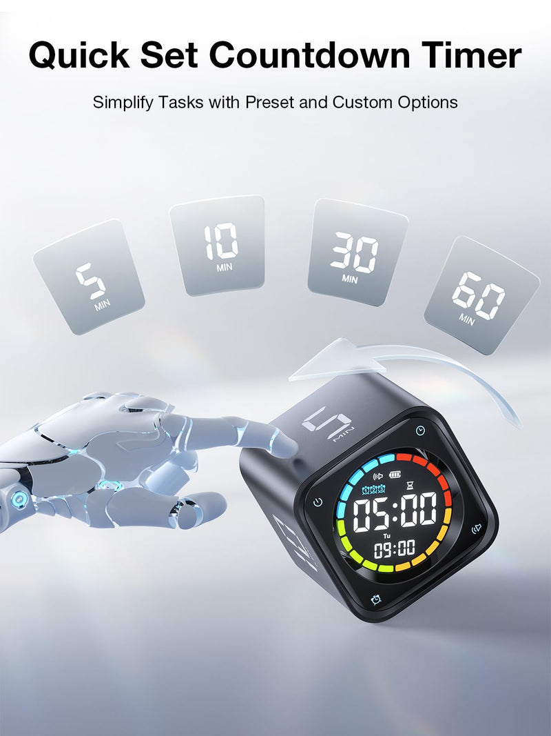 TK3 Pomodoro Timer Cube, Desk Productivity Timer with 5/10/30/60 Min Presets, Custom Countdown, Stopwatch, Clock, 3 Alarm, Silent, Vibrate & Sound Alert, for Task, ADHD, Study, Kitchen, Black