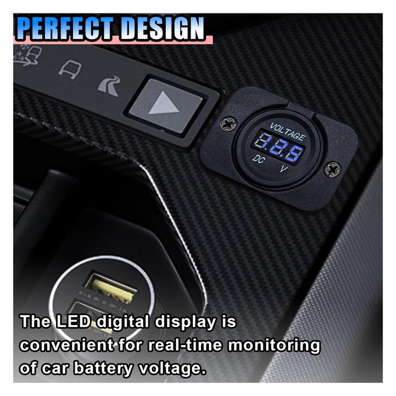 Car Battery Voltage Meter, DC 12V 24V Waterproof Battery Monitor, LED Digital Display Voltage Tester Gauge Meter with Terminal, Round Panel Voltage Gauge for Car UTV ATV Boat (Blue) Blue