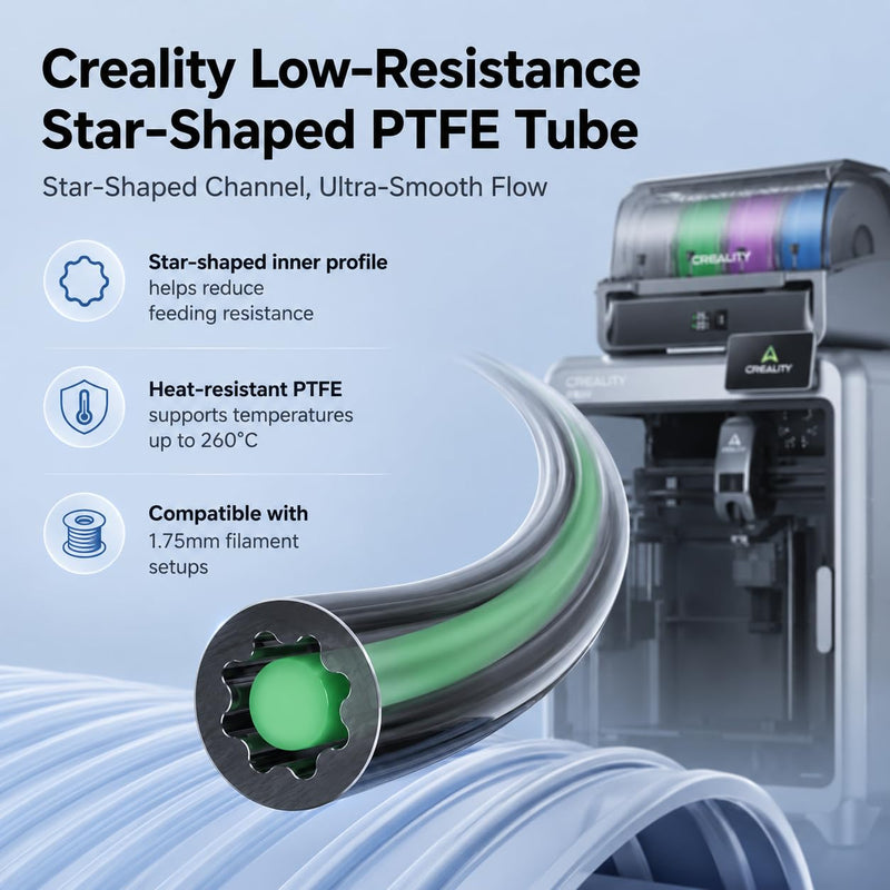 Creality PTFE Tube 4M for 1.75mm Filament, Low-Friction Star-Shaped Inner Channel Bowden Tube, High Temperature PTFE Tubing up to 260°C, 3D Printer Accessories with Tube Cutter for FDM Printers