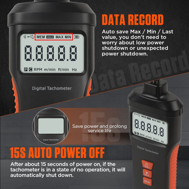 Tachometer Contact & Non-contact Digital Tachometer 4 Test Mode Laser Photo Tachometer 1.0～99999RPM High Accuracy RPM Tachometer with 4 Contact Probes, Backlit Display, Data Memory/Hold,Auto Power Off