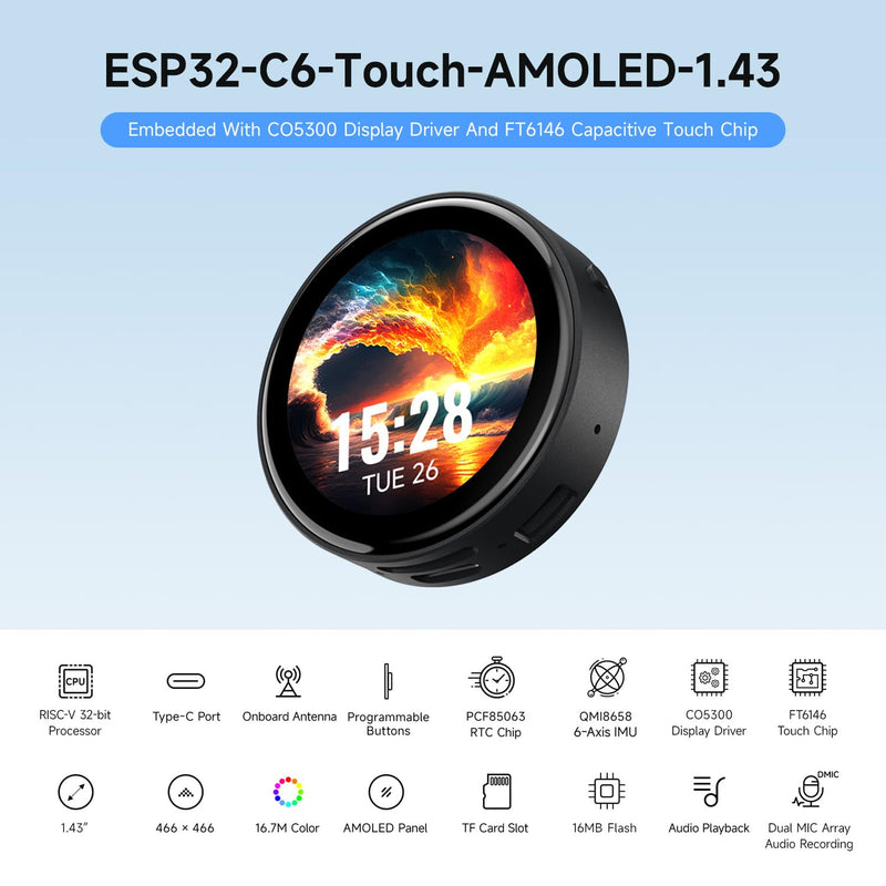 Waveshare ESP32-C6 1.43inch AMOLED Touch Round Display Development Board, 466×466 Pixels, 160MHz RISC-V Processor, QSPI Interface, Dual Digital Microphone Array, with Enclosure