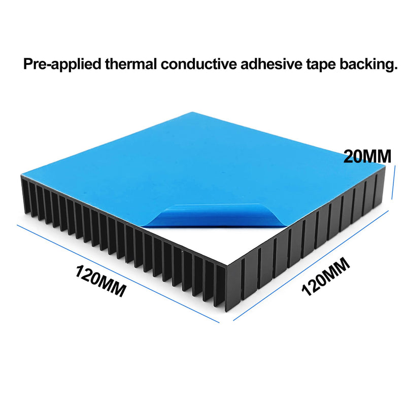 120mm Large Aluminum Heatsink 120x120x20mm / 4.72"x4.72"x0.79" Square Passive Heat Sink with Thermal Tape, Black Anodized Cooler for WiFi Router IC Power Supply Graphics Card Memory Electronic Devices