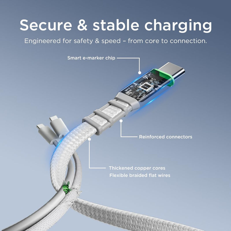 Lenovo 240W USB-C Retractable Cable, PD Fast Charging USB-C to USB-C, Smart Retractable Design, 1.2m (3.94 Ft), 480Mbps Data Transfer, Compact Portable Charger Cable for Laptop Tablet Phone, White