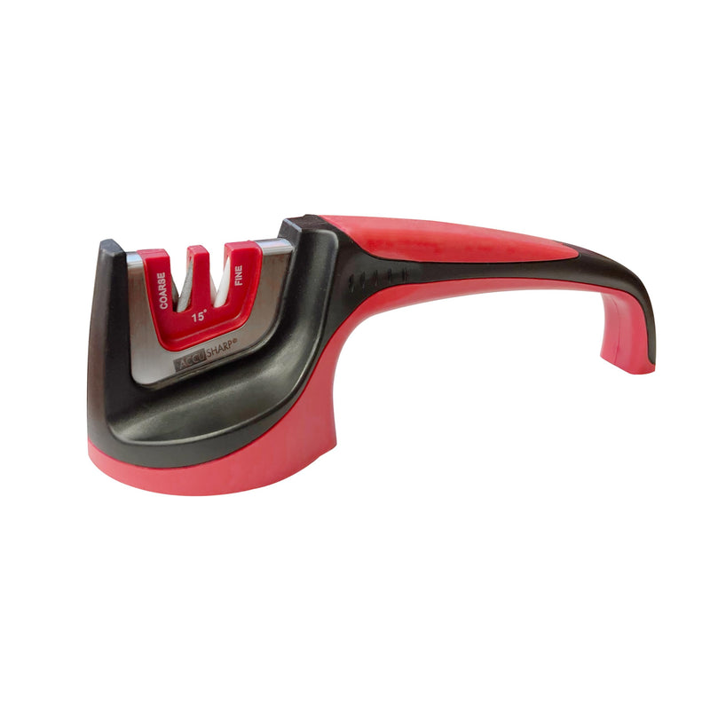 AccuSharp Gourmet 15º Pull-Through Knife Sharpener, Helps Repair, Restore, Polish & Hone Blades, 2 V-Notched Sharpening Slots for Straight & Serrated Gourmet Knives Red
