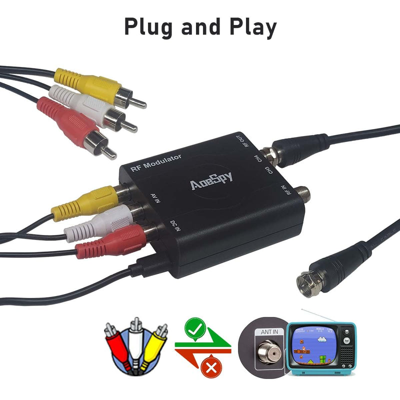 RCA RF Coaxial Modulator VHF Converter CVBS Adapter w/Channel 3/4 Switch for DVD Blu-ray Player DVR VCRs Satellite Set-top Cable Box PS2 PS3 PS4 Xbox 360 WII NS AV Video to F Type Analog Coax NTSC TV