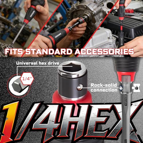 Geinxurn 33Pieces Impact Magnetic Screwdriver Set Include Stubby 2in1 Rachet Screwdriver Handle, Mini Ratchet Socket Wrench, Universal Socket,Bit Holder and Square Adapter for Repair & Outdoor Work 33pcs