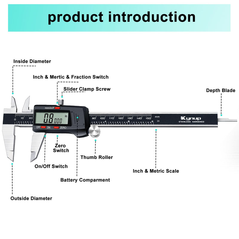 Kynup Digital Vernier Caliper, Caliper Measuring Tool, Outside Micrometer Dial Caliper with Stainless Steel, Large LCD Screen, Auto - Off Feature, Inch Metric Fraction Conversion (6Inch/150mm) 004-2