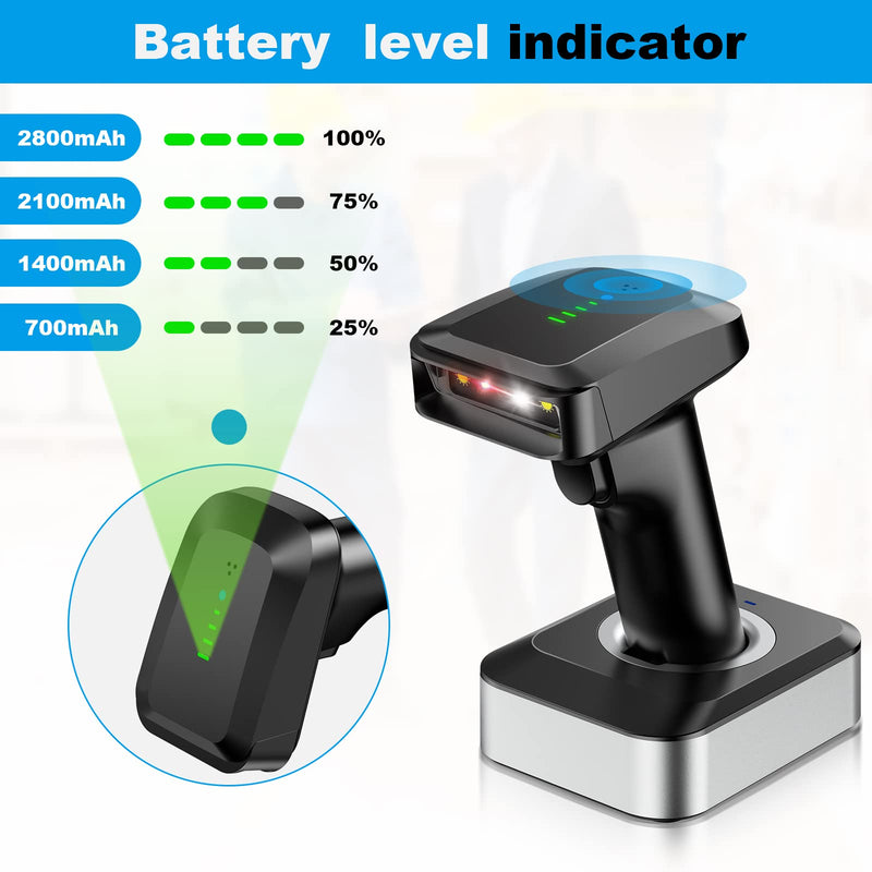 Alacrity 2D QR Wireless Barcode Scanner with Charging Base and Battery Level Indicator Bluetooth & 2.4GHz Wireless & USB Wired 3 in 1 Connection Handsfree Auto-Sense Barcode Reader Scanner