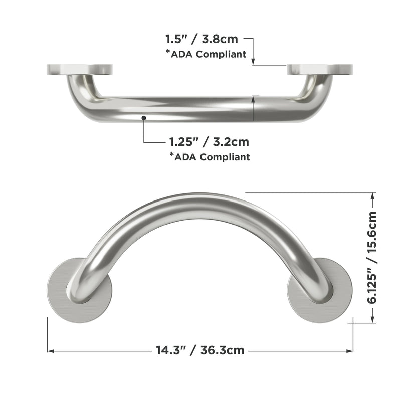 HEALTHCRAFT Plus Crescent Grab Bar 14.3", ADA Safety - Brushed Stainless | Curved crescent design, concealed screws, decorative safety bar Brushed Stainless Steel