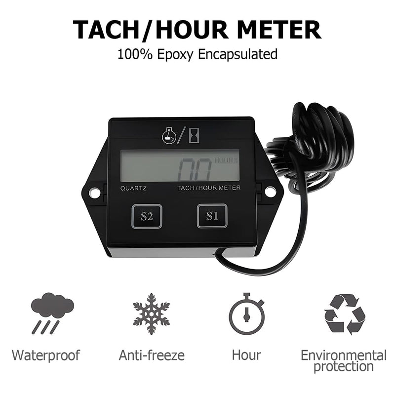 Small Engine Hour Meter and Digital Tachometer, Waterproof Inductive Tacho Gauge, Automotive Accessories for ZTR Lawn Mower Tractor Generator Motorcycle Chainsaw Marine