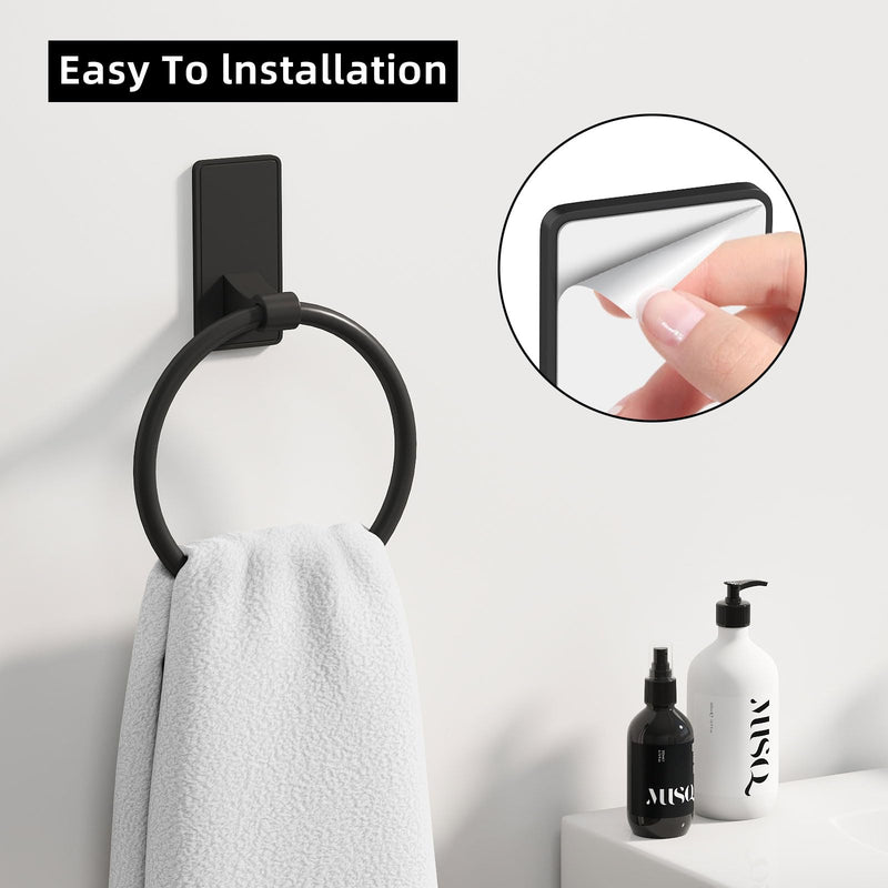 Towel Ring, SUS304 Hand Towel Holder for Bathroom，Matte Black Towel Holder Bathroom Adhesive Towel Hanger for Bathroom, Kitchen, 2 Pack Matte Black Round(2-pack)