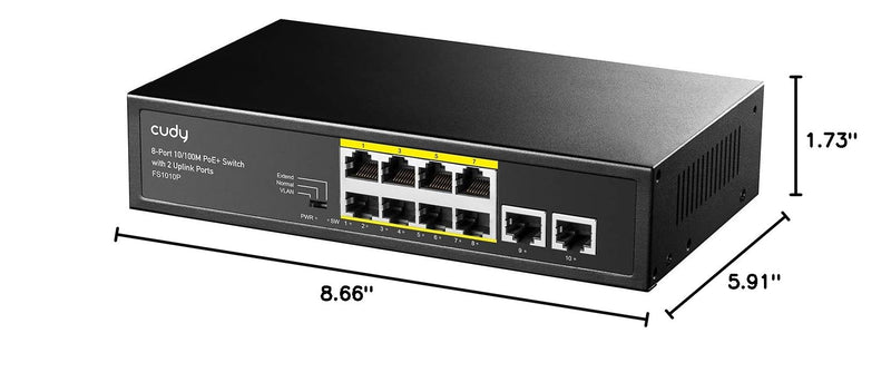 Cudy 8 Port PoE+ Switch with 2 Uplink Ports 120W, 8 10/100Mbps PoE+@120W, Extend/VLAN Mode, 802.3af, 802.3at Standard, Fanless, Watchdog, Plug and Play FS1010P