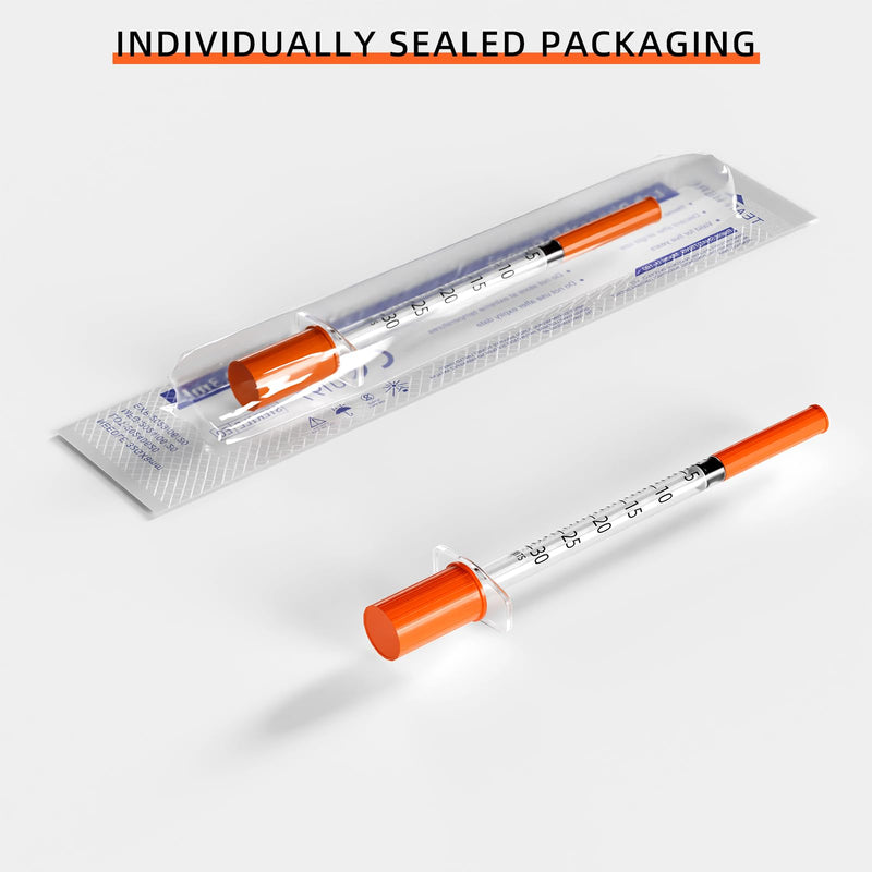 100 Pack U-100 0.3ml Lab Syringe, 31G 1/4 Inch (0,25 x 6mm) Disposable Syringes Supplies, Individually Wrapped 0.3ml 31G 1/4" 100.0