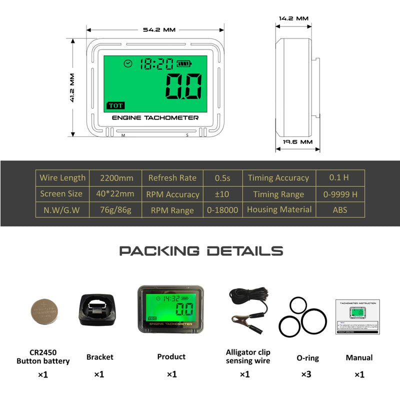 Digital Chainsaw Tachometer Motorcycle Pulse Engine Tachometer Adjustable Green Backlight Tacho Meter ATV RPM calibrated Gauge for Lawn Mower Dirt Bike Boat Marine UTV Small Engines
