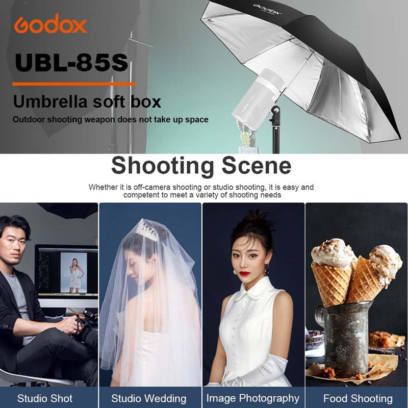 Godox UBL-85S 85cm 33.4” Black Silver Reflective Umbrella Photography Studio Soft Light Umbrella with Large Diffuser Cover for Video Shooting