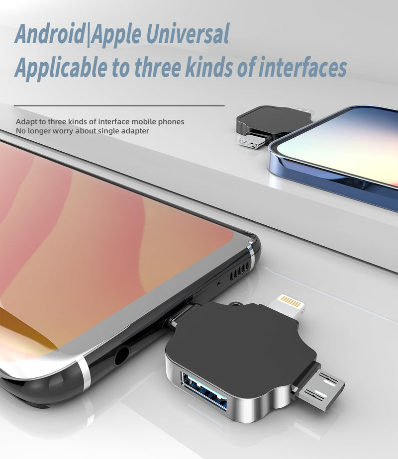 Lightning to USB C Micro USB USB-A Adapter(3in1) OTG 3.0 Cable for iPhone 16 15 14 for iPad Camera Data Transfer USB Flash Drive Keyboard Android Phone Compatible with Samsung