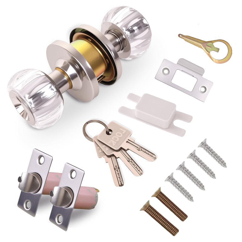 Crystal Door Knobs with Lock and Keys, Keyed Entry Glass Door Knobs, Exterior and Interior Door Lock with Keys, Clear Diamond Door Knob for Bedroom Bathroom, Stain Nickel, 1 Pack