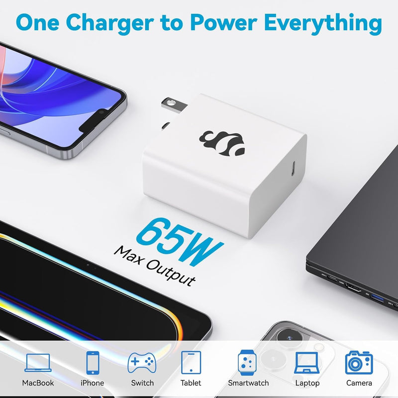 NIMO 65W GaN USB C Fast Charger, Compact PD 3.0 Adapter with 6.6ft Cable, Reliable Laptop Power Block for MacBook Pro/Air, iPhone-17/16 Pro Max, iPad, Sam-sung-S26/S25, PPS Charger for Travel Office White