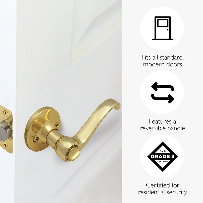 Design House Scroll Privacy Door Lever for Bedroom & Bathroom Doors, Polished Brass Interior Door Handle, Reversible Traditional Lever, Push Button Lock, Fits Standard Residential Doors, 783043