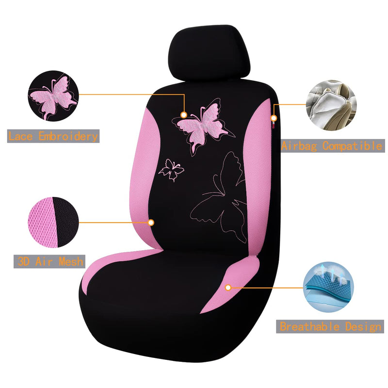 Flying Banner Butterfly car seat Covers ful Set Fashion Universal Lady Woman Female Rear Bench Split Colorized (Pink, 2 Fronts - Lace) Pink Lace