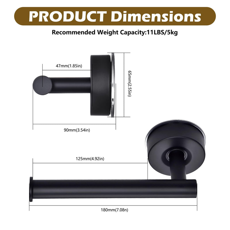 YOHOM Suction Cup Toilet Paper Holder No Drill Bathroom Tissue Holder with Strong Suction Removable Wall Mount Stainless Steel Paper Roll Holder for Kitchen Bath,Matte Black, 2 PCS