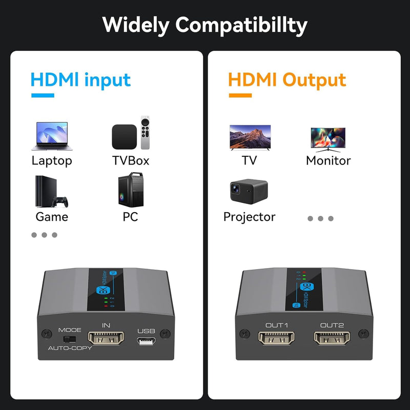 HDMI Splitter 8K 2 in 1 Out HDMI Selector 4K@144HZ/60Hz 8K@60Hz Support EDID Management HDCP 2.3 HDR 10 for Laptops PCs TV Boxes DVD Players PS5/PS4/PS3