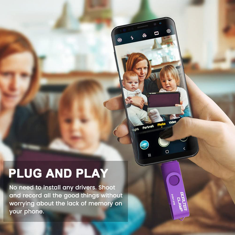 256GB 3 in 1 USB 3.0 Flash Drive Photo Stick for Android Phones, BorlterClamp OTG Memory Stick with 3 USB Ports (USB C, microUSB, USB A) for Samsung Galaxy, LG, Tablets, PC and More, Purple 256GB